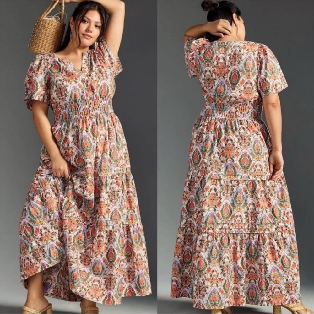 Anthropologie Pink and Orange Ruched Tiered Maxi Sundress 2x NWOT never worn